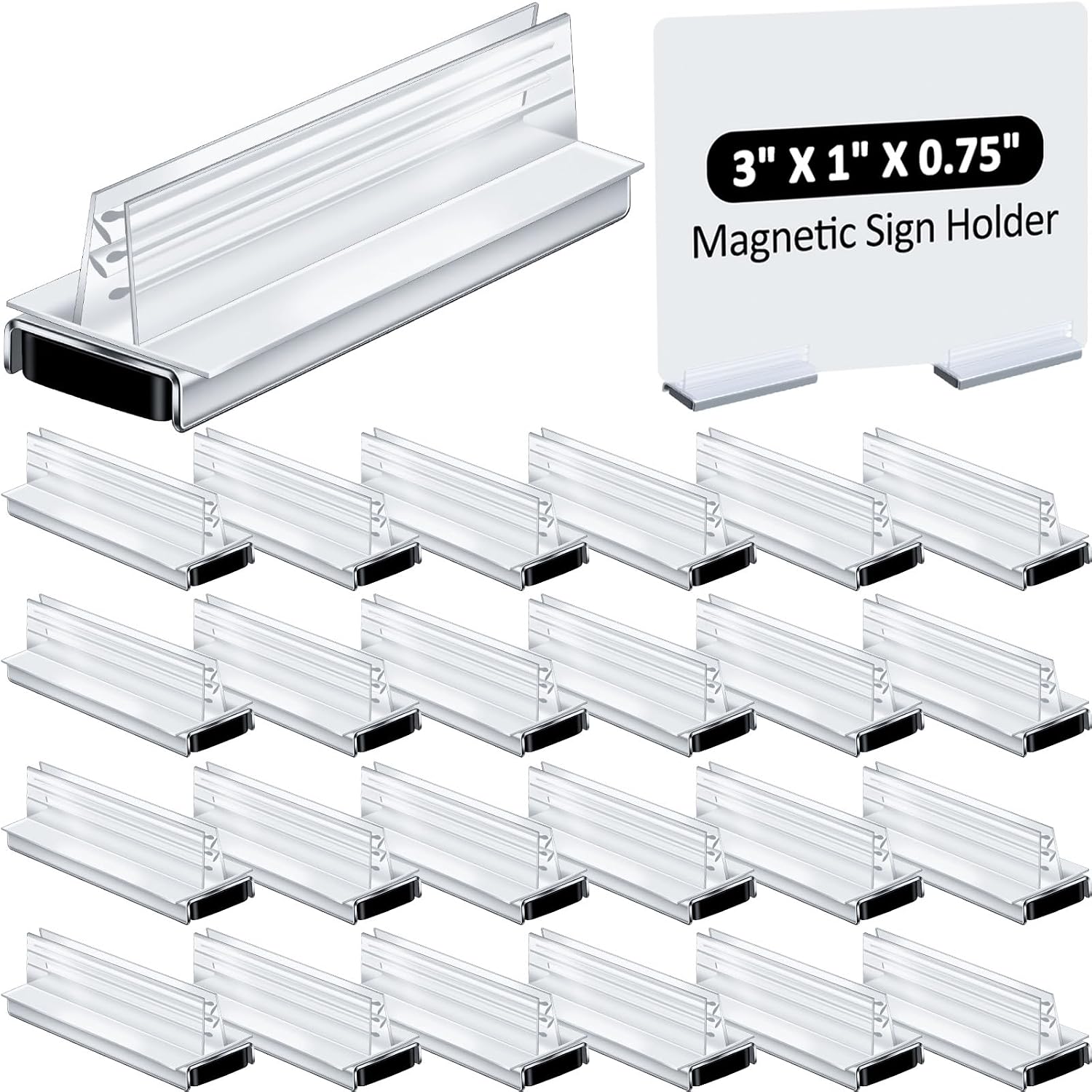 Thyle 12 Pack Magnetic Sign Holders, 3"L x 1"W x 0.75"H, Clear