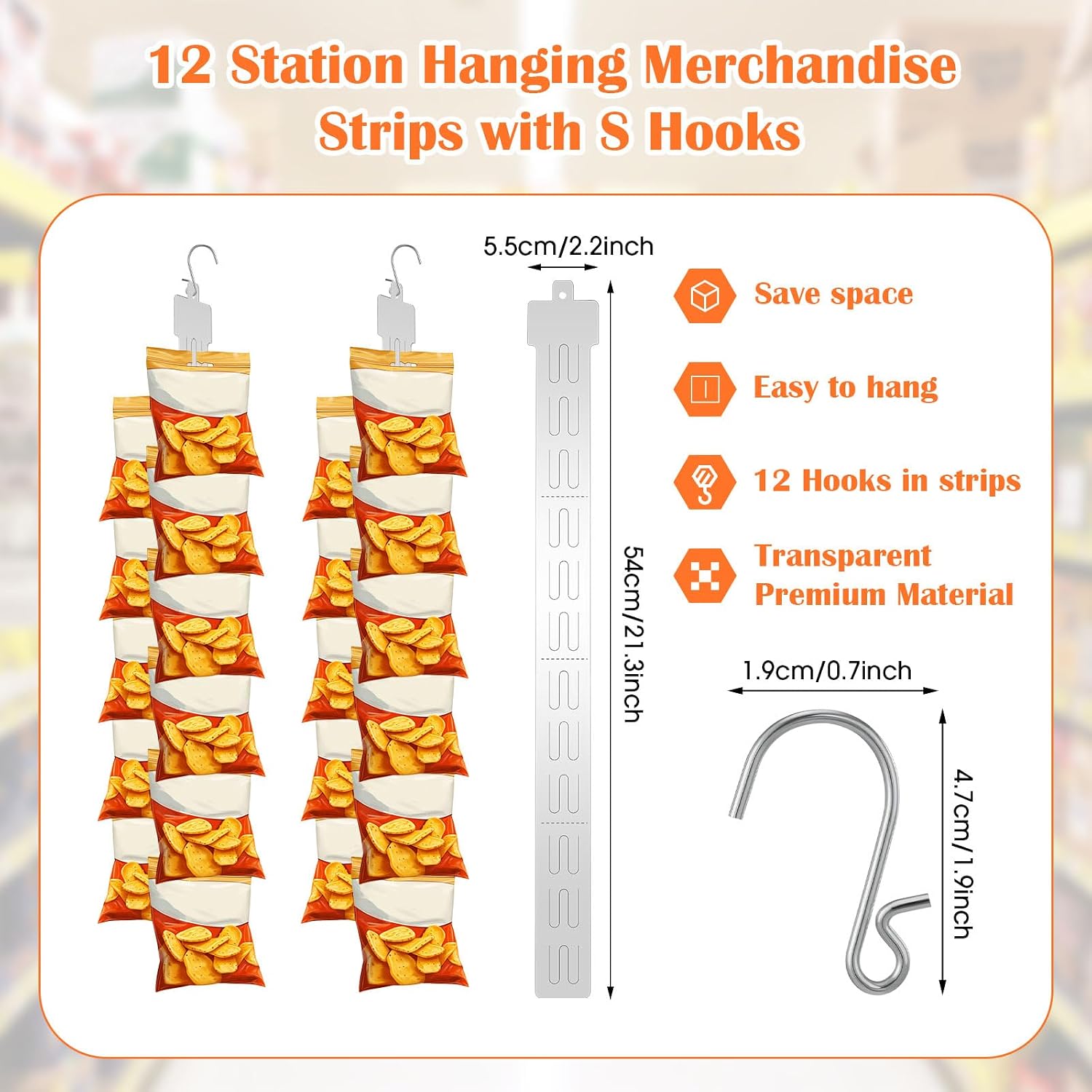 50-Pack 12-Slot 21.3-inch Hanging Strips, S-Hooks & Removable Header